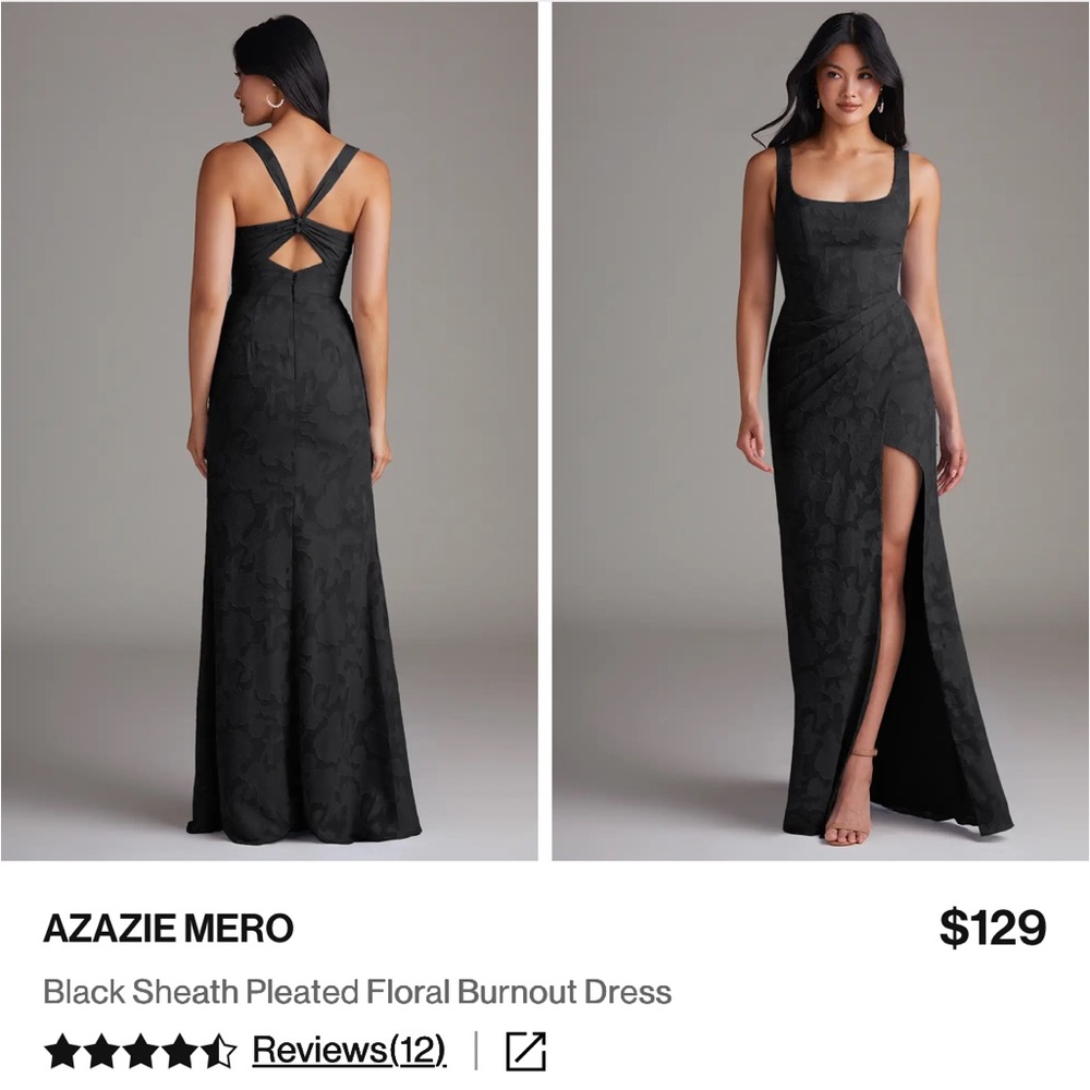 Azazie Black Sheath Pleated Floral Burnout Maxi Dress